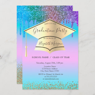 Grad Cap,Diamonds,Drips Holographic Graduation Invitation