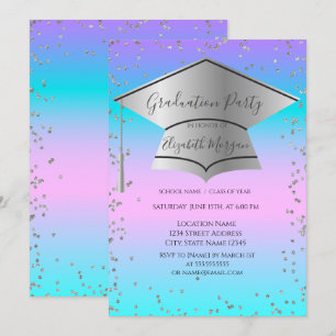 Grad Cap,Diamonds Frame Holographic Graduation Invitation