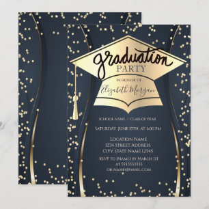 Grad Cap,Diamonds Navy Blue Graduation  Invitation
