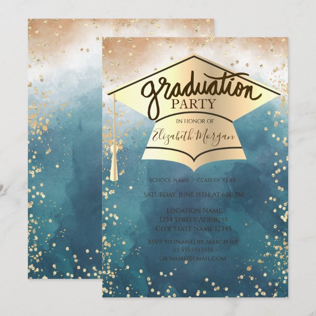 Grad Cap,Diamonds Paint Splash Graduation  Invitation (Front/Back)