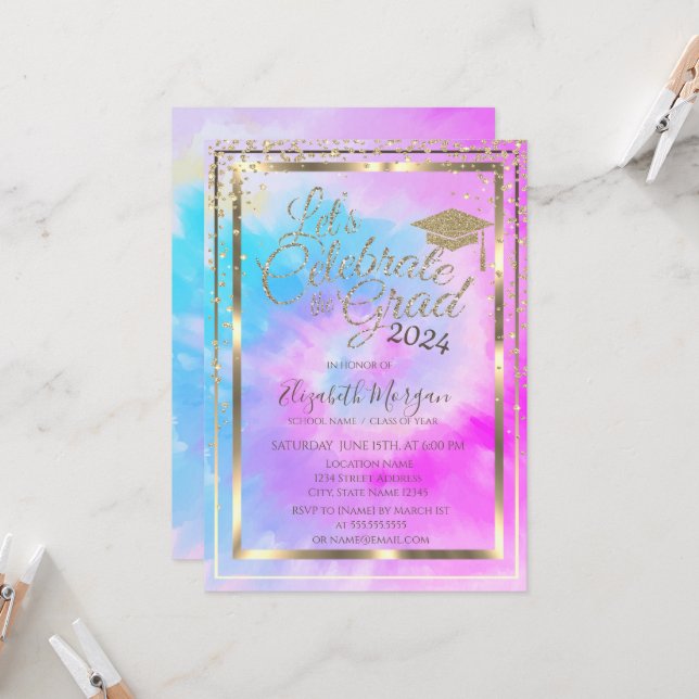 Grad Cap Diamonds Purple Tie Dye Graduation   Invitation (Front/Back In Situ)
