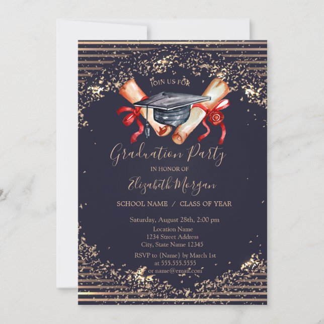  Grad Cap Diploma,Cooper Stripes Blue Graduation Invitation (Front)