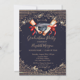  Grad Cap Diploma,Cooper Stripes Blue Graduation Invitation