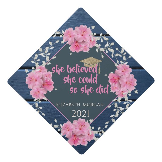Grad Cap,Floral,Navy Blue Wood Graduation Cap (Front)