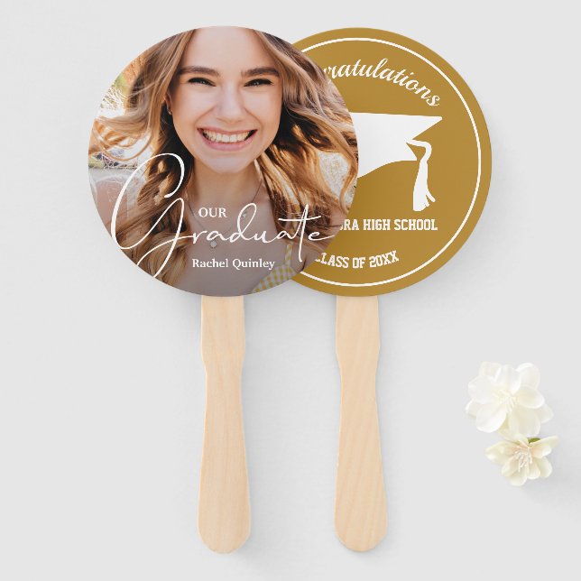 Grad Cap Modern Graduate Photo Gold Hand Fan (Front and Back)
