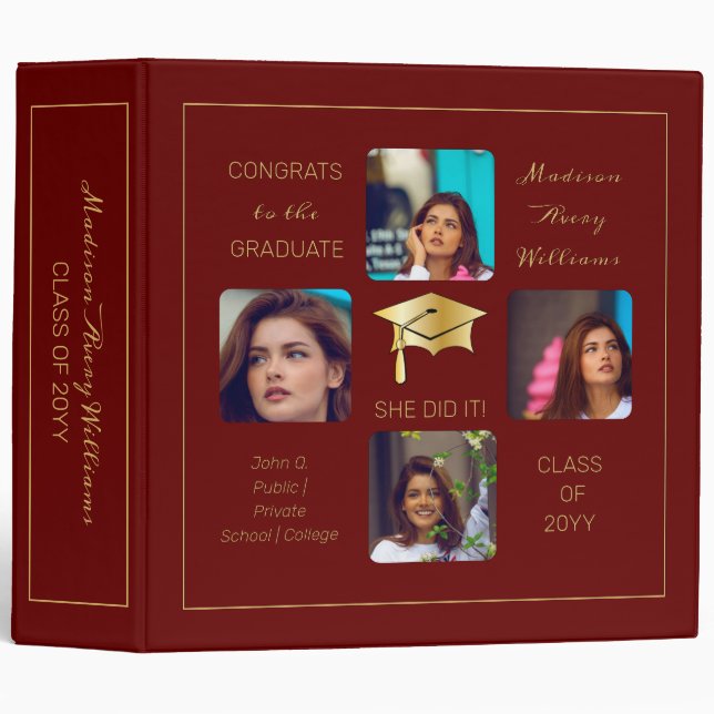 Grad Cap Multiple Photo Grad Maroon Keepsake Binder (Front/Spine)