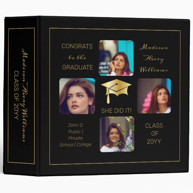 Grad Cap Multiple Photo Graduate Black Keepsake Binder (Front/Spine)
