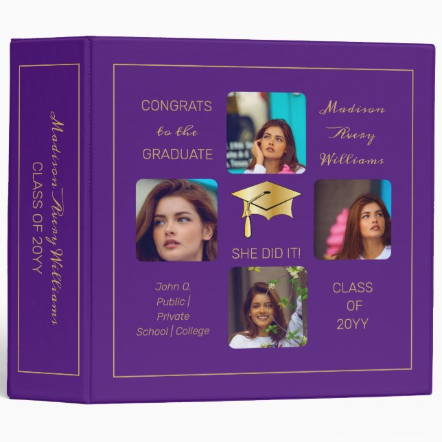 Grad Cap Multiple Photo Graduate Purple Keepsake Binder (Front/Spine)