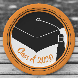 Grad Cap Orange and Black Class Year Paper Plate
