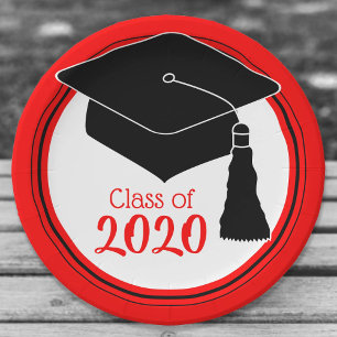 Grad Cap Red and Black Class Year Paper Plate