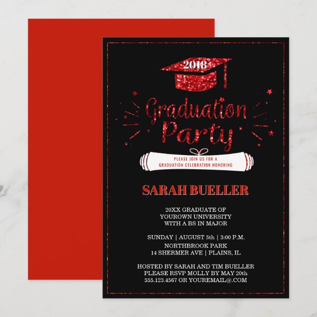 Grad Cap Red Glitter 2018 Graduation Party Invitation (Front/Back)