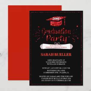 Grad Cap Red Glitter 2018 Graduation Party Invitation