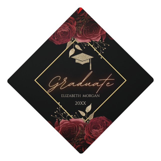 Grad Cap Red Roses Graduation Tassel Topper (Front)