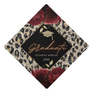 Grad Cap Red Roses Leopard Print Grad Tassel 