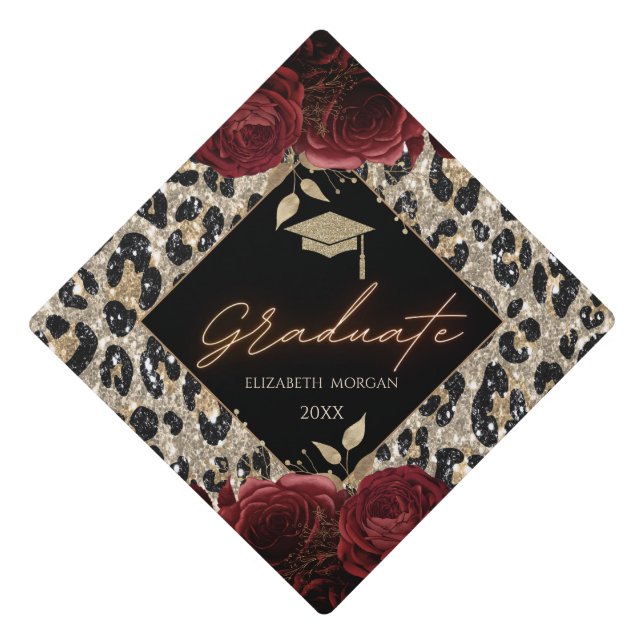 Grad Cap Red Roses Leopard Print Grad Tassel  (Front)