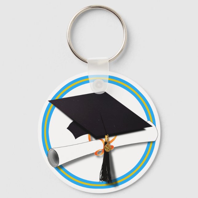 Grad Cap School Colors Blue Keychain (Front)