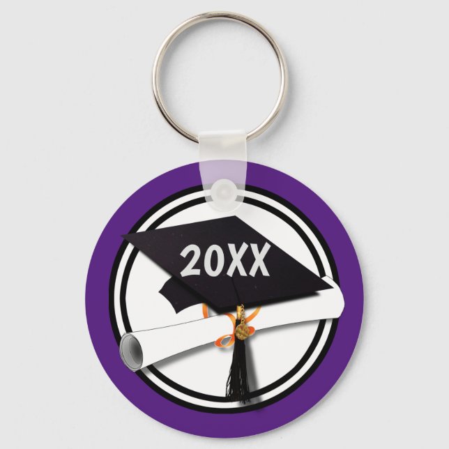 Grad Cap School Colours Black Purple Keychain (Front)