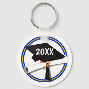 Grad Cap School Colours Gold and Blue Keychain