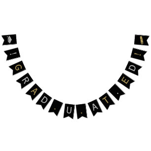 Grad Cap & Tassel, Diploma in Silver, Gold & Black Bunting Flags