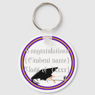 Grad Cap Tilt & Diploma  w/ Colours Purple & Gold Keychain