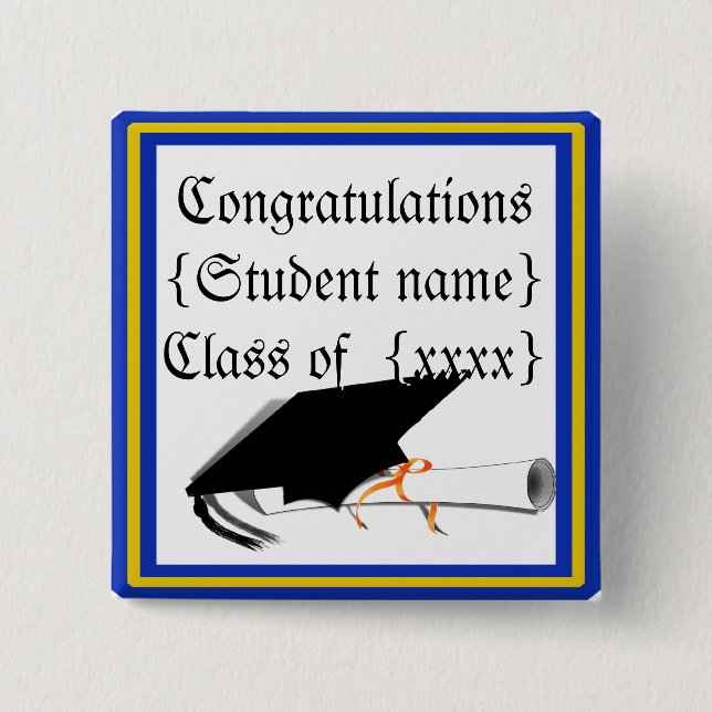 Grad Cap Tilt w/ School Colours Blue And Gold 2 Inch Square Button (Front)