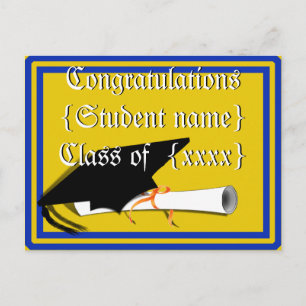 Grad Cap Tilt w/ School Colours Blue And Gold Postcard