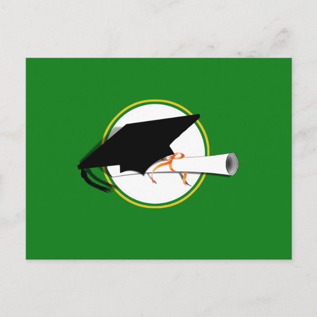 Grad Cap Tilt w/ School Colours Green and Gold Postcard (Front)