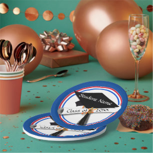 Grad Cap w/Diploma - Red & Blue School Colours Paper Plate