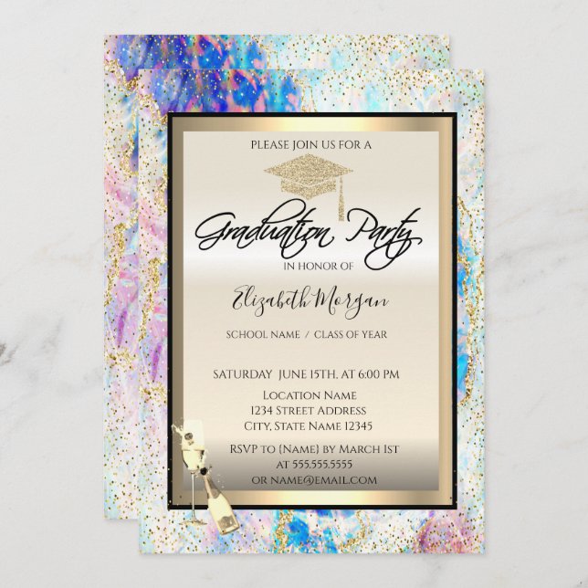 Grad Cap,Wine Glass,Confetti Opal Holographic Invitation (Front/Back)