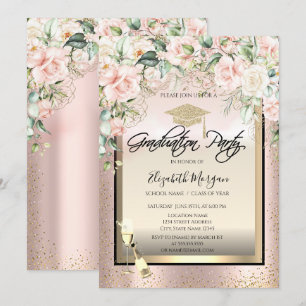 Grad Cap,Wine Glass,Confetti Roses Graduation Invitation