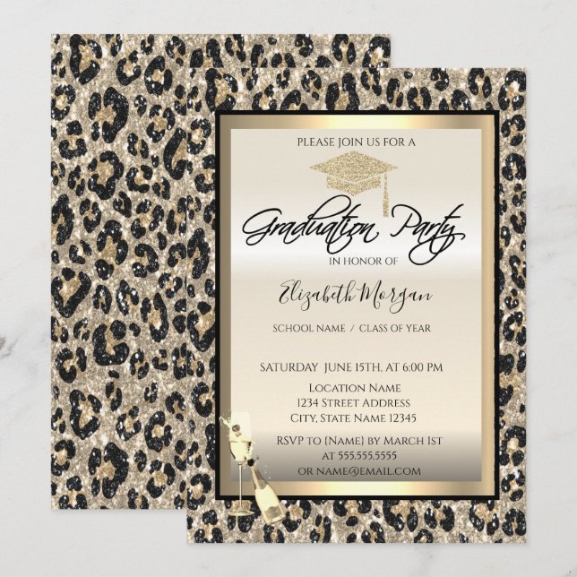 Grad Cap,Wine Glass Glitter Leopard Print  Invitation (Front/Back)