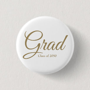 Grad class of 2024 gold white custom script text 1 inch round button