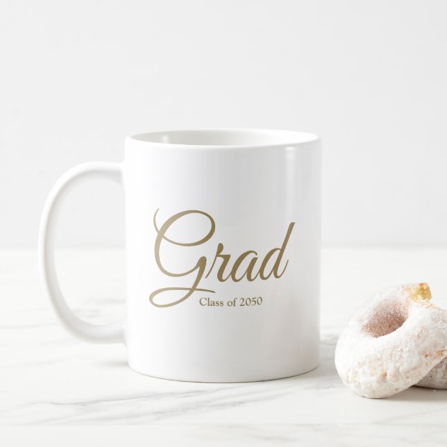 Grad class of 2024 gold white custom script text coffee mug (With Donut)