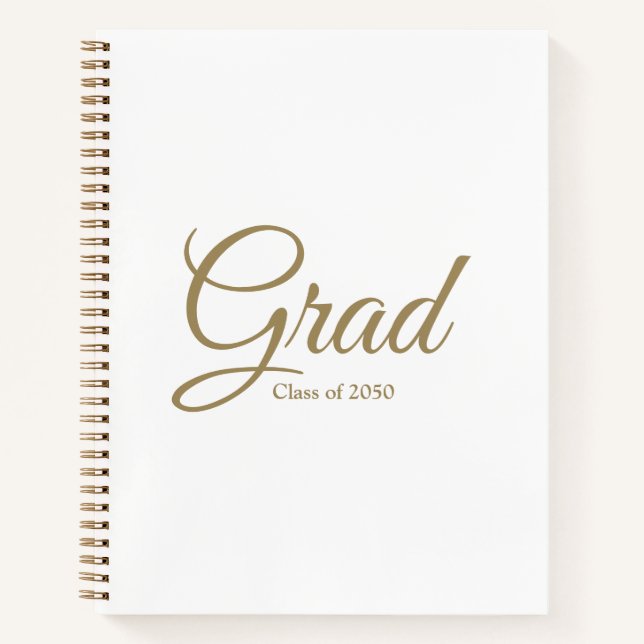 Grad class of 2024 gold white custom script text notebook (Front)