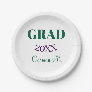 grad congrats green purple bold year 20XX graduate Paper Plate