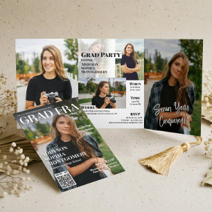 Grad Era Trendy Graduation Magazine Photo Collage Tri-Fold Invitation