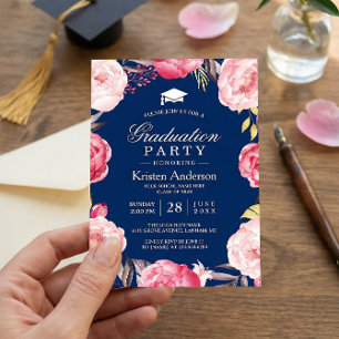 Grad Floral Wreath Navy Blue Graduation Party Invitation