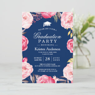 Grad Floral Wreath Navy Blue Graduation Party Invitation