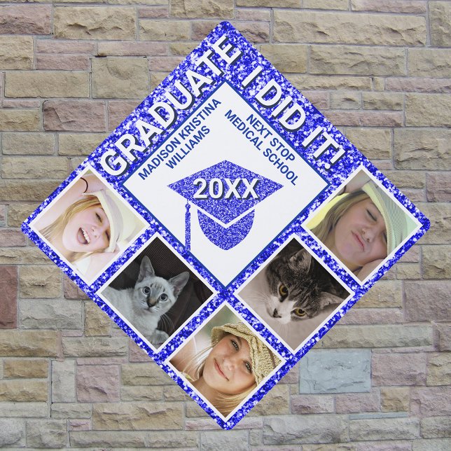Grad Glam Navy Celebration Trendy 5 Photo Graduation Cap Topper (Creator Uploaded)