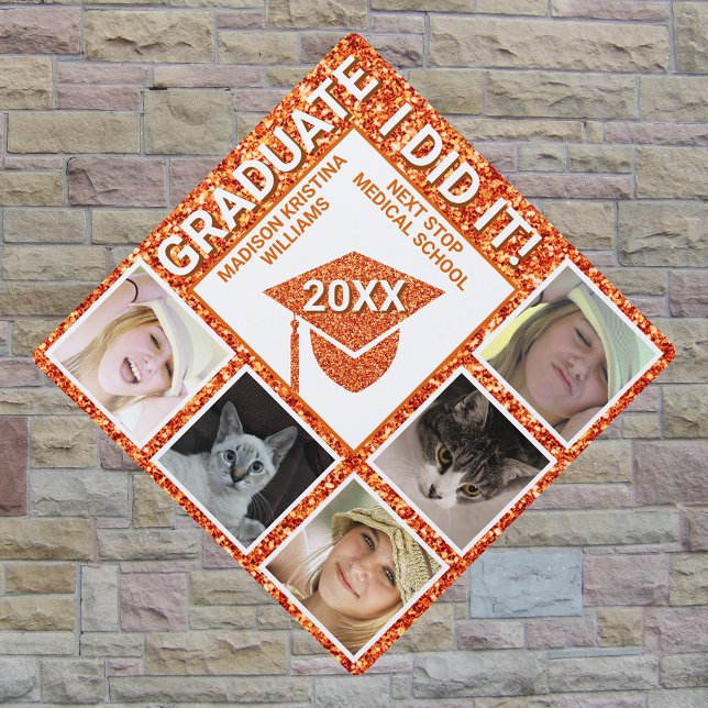 Grad Glam Orange Celebration Trendy 5 Photo Graduation Cap Topper (Creator Uploaded)