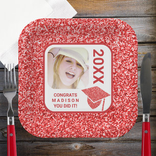 Grad Glam Red Cap Elegant Cool Photo Party Paper Plate