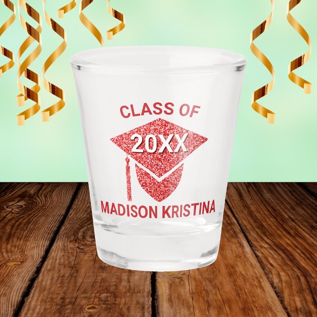 Grad Glam Red Cap Personalized Chic Elegant Shot Glass (Creator Uploaded)