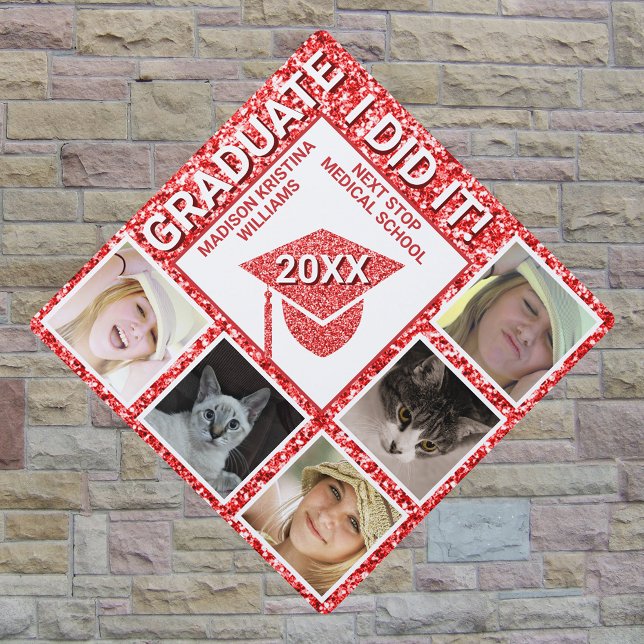 Grad Glam Red Celebration Trendy 5 Photo Graduation Cap Topper (Creator Uploaded)