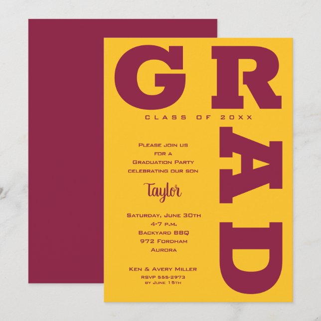 GRAD Gold and Maroon Graduation Invitation (Front/Back)
