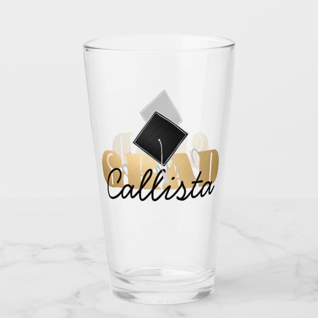 Grad Gold Black Graduation Cap Monogram Name Glass (Front)