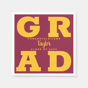 GRAD Gold on Maroon Graduation Party Napkin