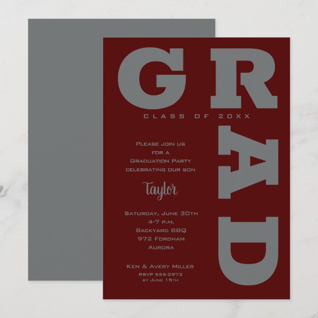 GRAD Grey on Dark Maroon Graduation Invitation (Front/Back)