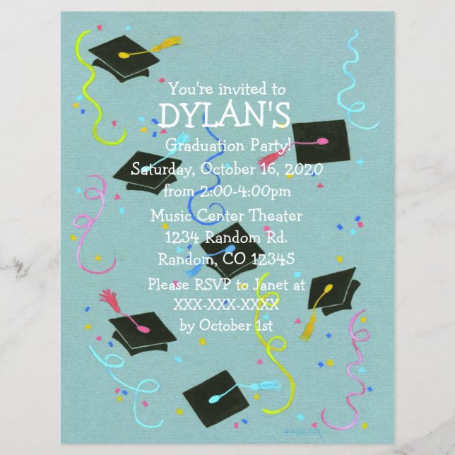Grad hats theme graduation party flyer invitations (Front)