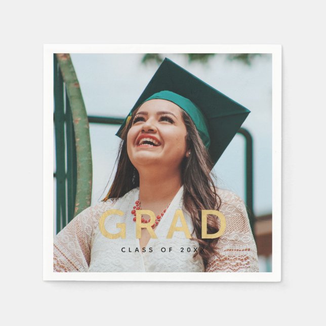 Grad Modern Gold Personalized Photo Graduation Napkin (Front)
