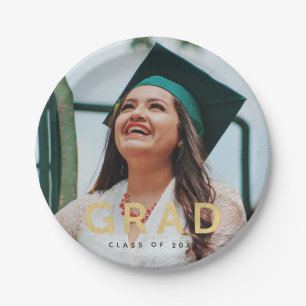 Grad Modern Gold Personalized Photo Graduation  Paper Plate
